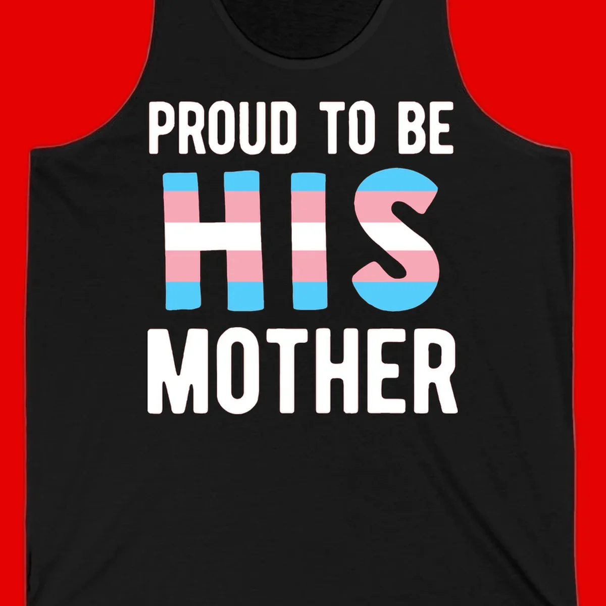 Proud trans mother design with blue, pink, and white striped cylinders and letter S featuring trans pride flag colors