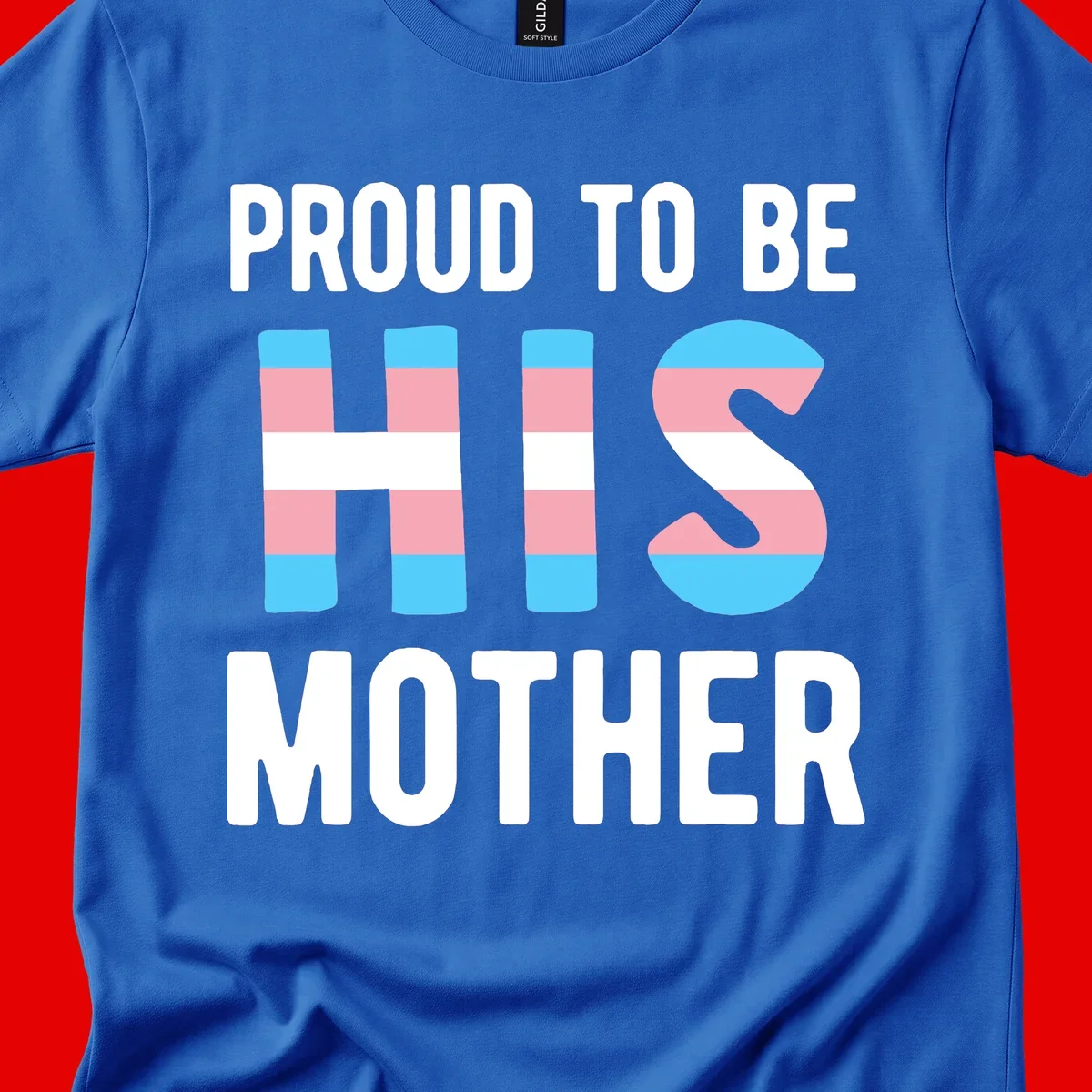 Proud trans mother design with blue, pink, and white striped cylinders and letter S featuring trans pride flag colors