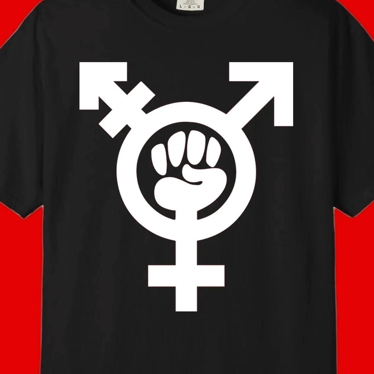 Feminist power fist design: white raised fist merged with female symbol inside circular badge on gray background