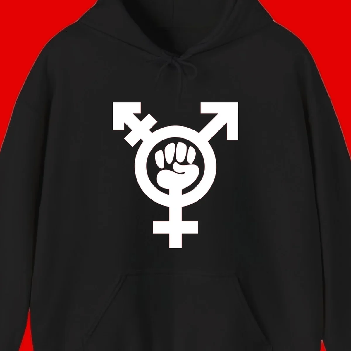 Feminist power fist design: white raised fist merged with female symbol inside circular badge on gray background