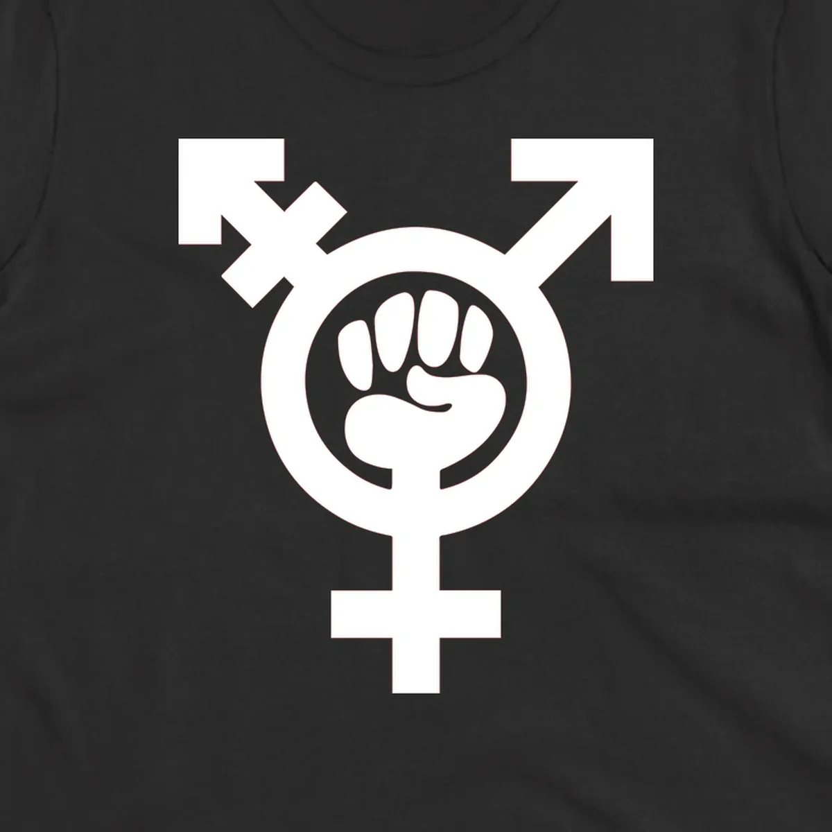 Feminist power fist design: white raised fist merged with female symbol inside circular badge on gray background
