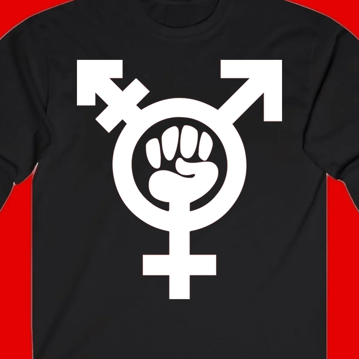 Feminist power fist design: white raised fist merged with female symbol inside circular badge on gray background