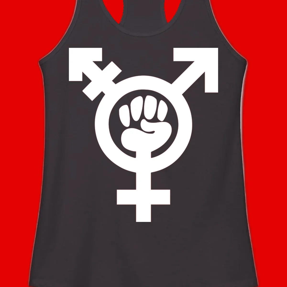 Feminist power fist design: white raised fist merged with female symbol inside circular badge on gray background