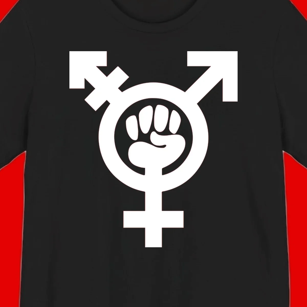 Feminist power fist design: white raised fist merged with female symbol inside circular badge on gray background