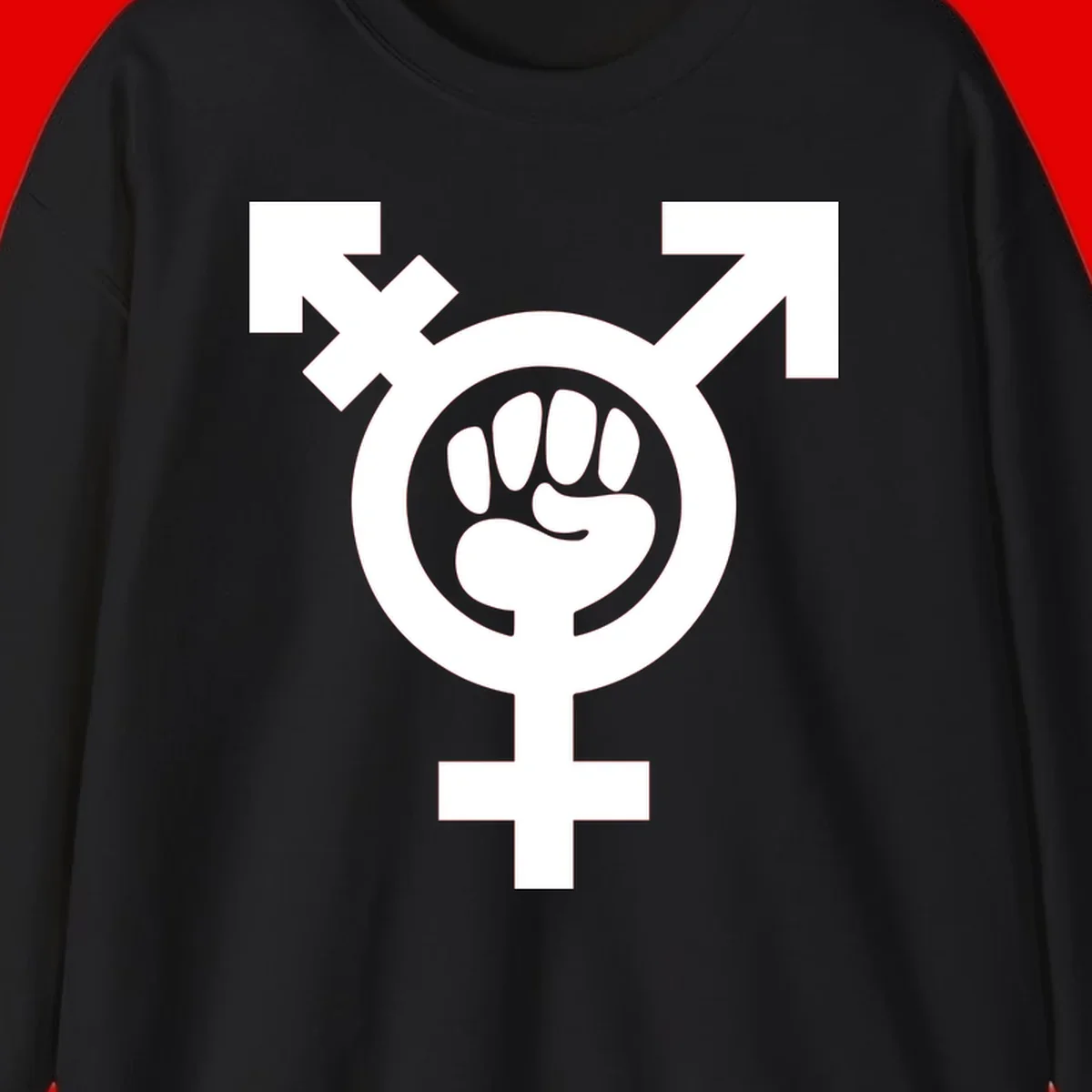 Feminist power fist design: white raised fist merged with female symbol inside circular badge on gray background