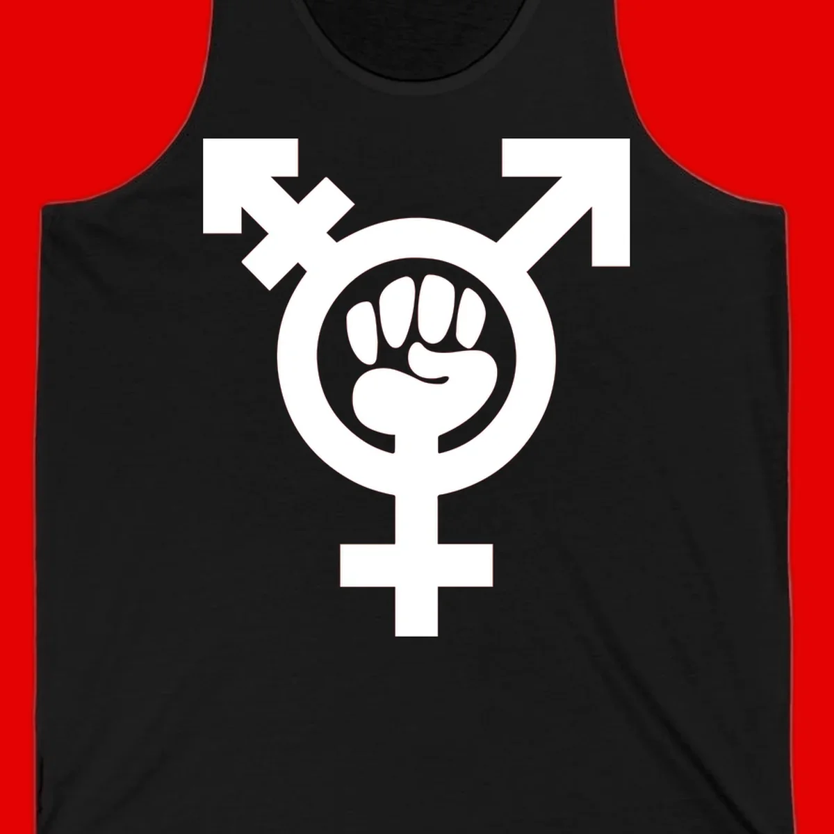 Feminist power fist design: white raised fist merged with female symbol inside circular badge on gray background