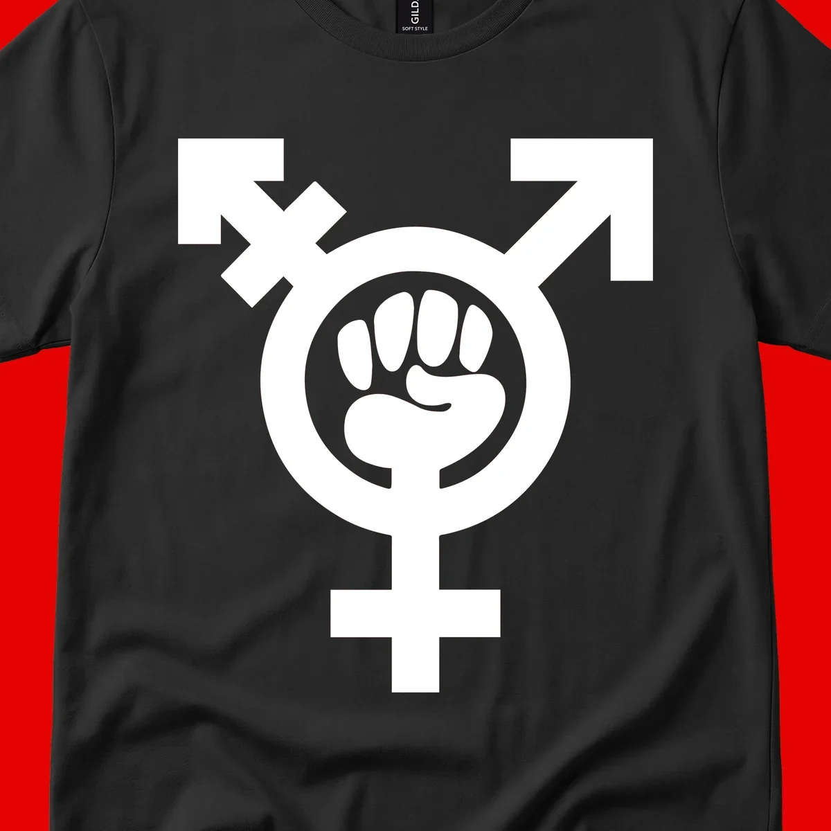 Feminist power fist design: white raised fist merged with female symbol inside circular badge on gray background
