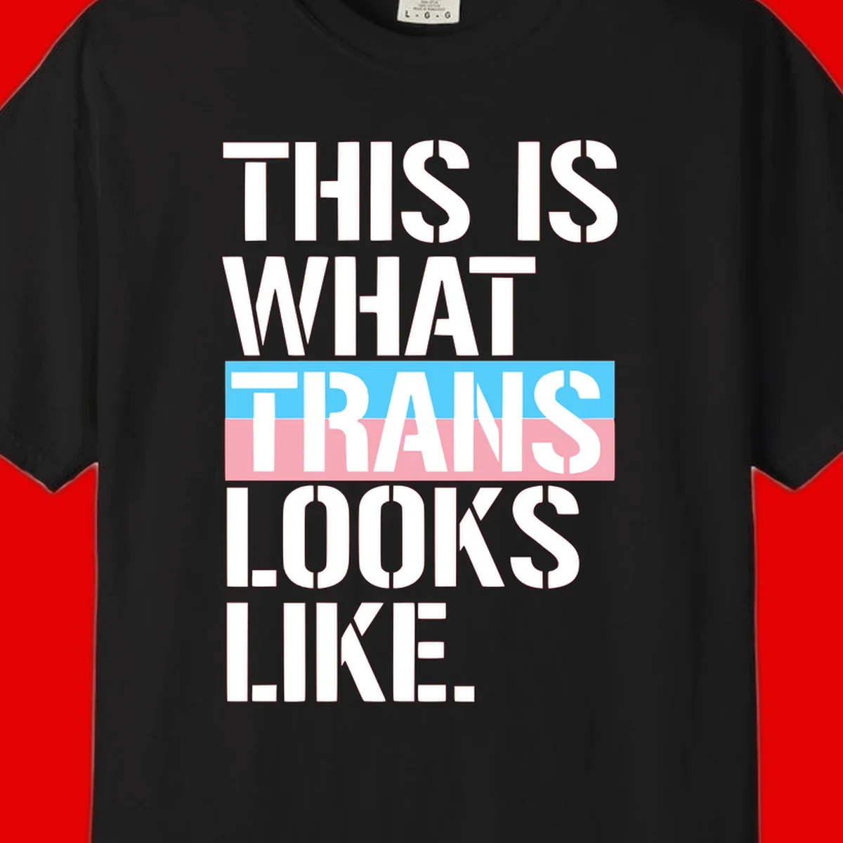 Bold typography design reading 'THIS IS WHAT TRANS LOOKS LIKE' with trans pride flag colors in blue and pink stripe