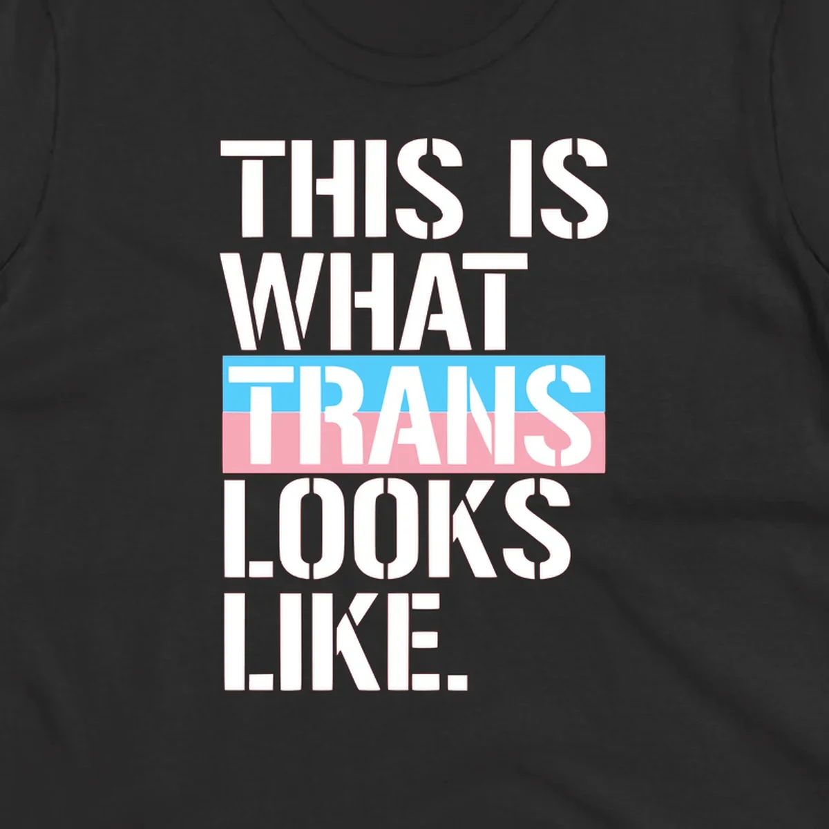 Bold typography design reading 'THIS IS WHAT TRANS LOOKS LIKE' with trans pride flag colors in blue and pink stripe
