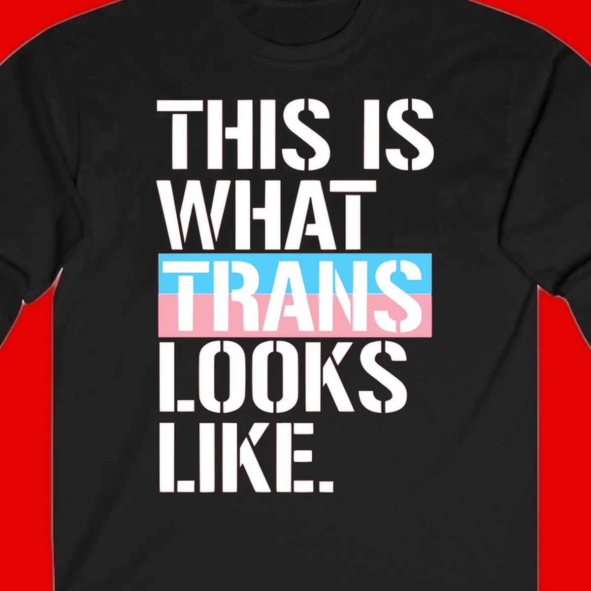 Bold typography design reading 'THIS IS WHAT TRANS LOOKS LIKE' with trans pride flag colors in blue and pink stripe