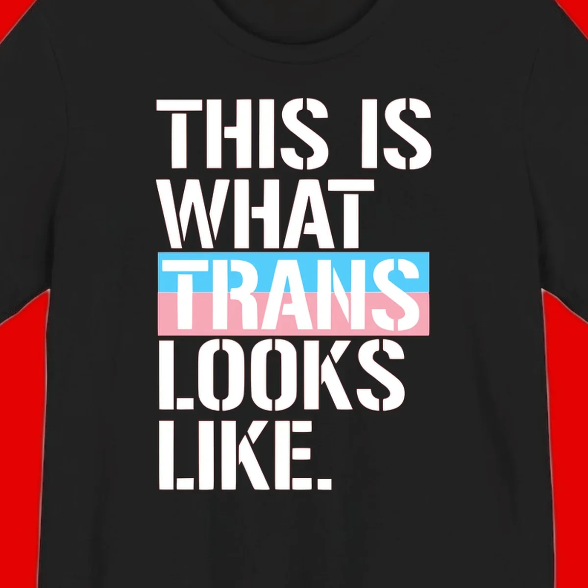 Bold typography design reading 'THIS IS WHAT TRANS LOOKS LIKE' with trans pride flag colors in blue and pink stripe
