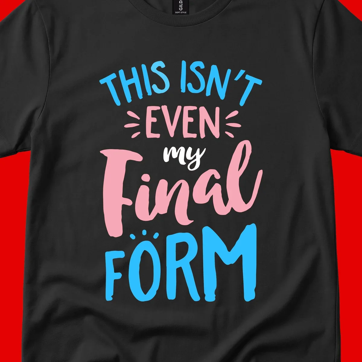 Colorful typography design reading 'This Isn't Even My Final Form' in blue, pink, and white lettering on gray background