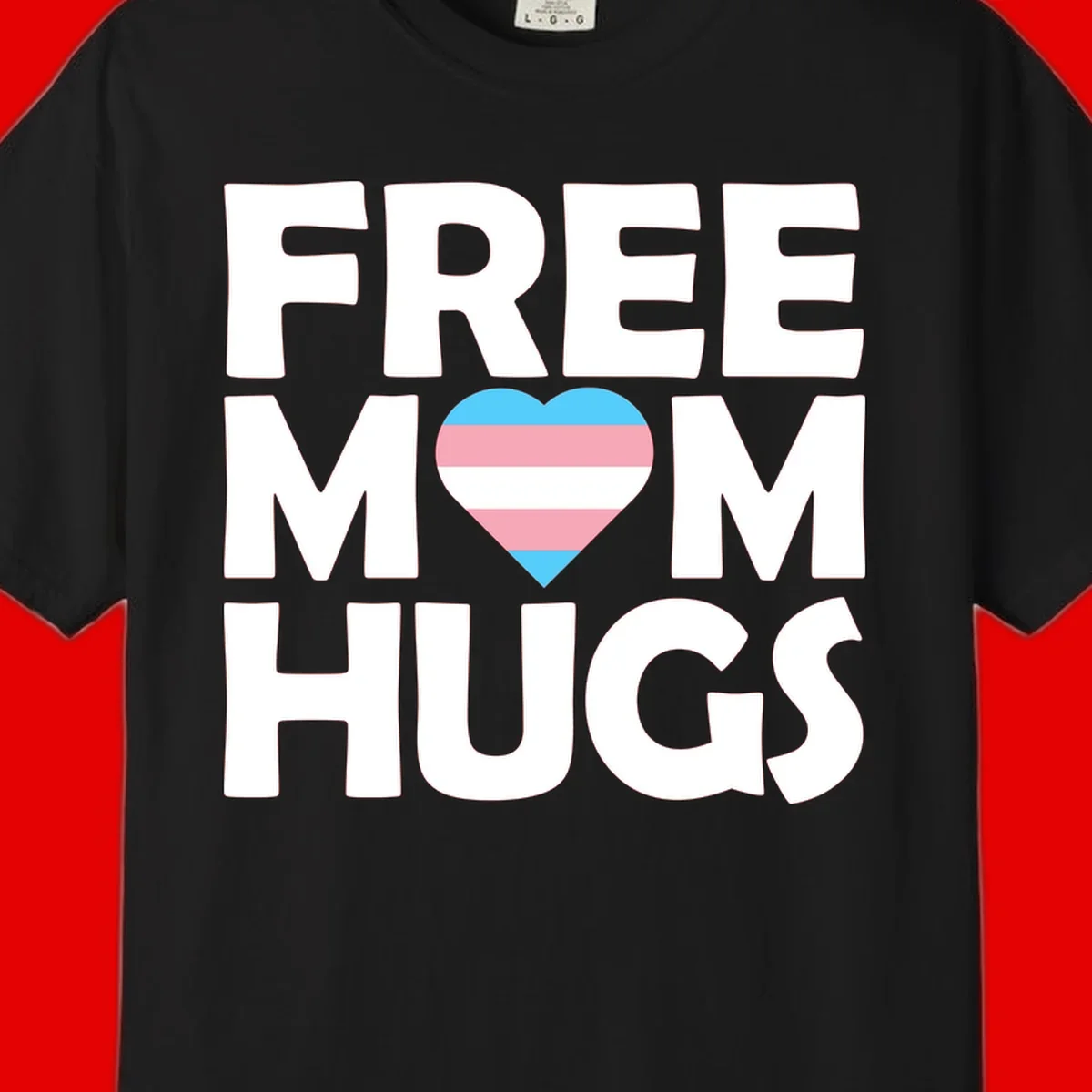 Free mom hugs pride design with striped heart in trans flag colors (blue, pink, white) and bold block lettering