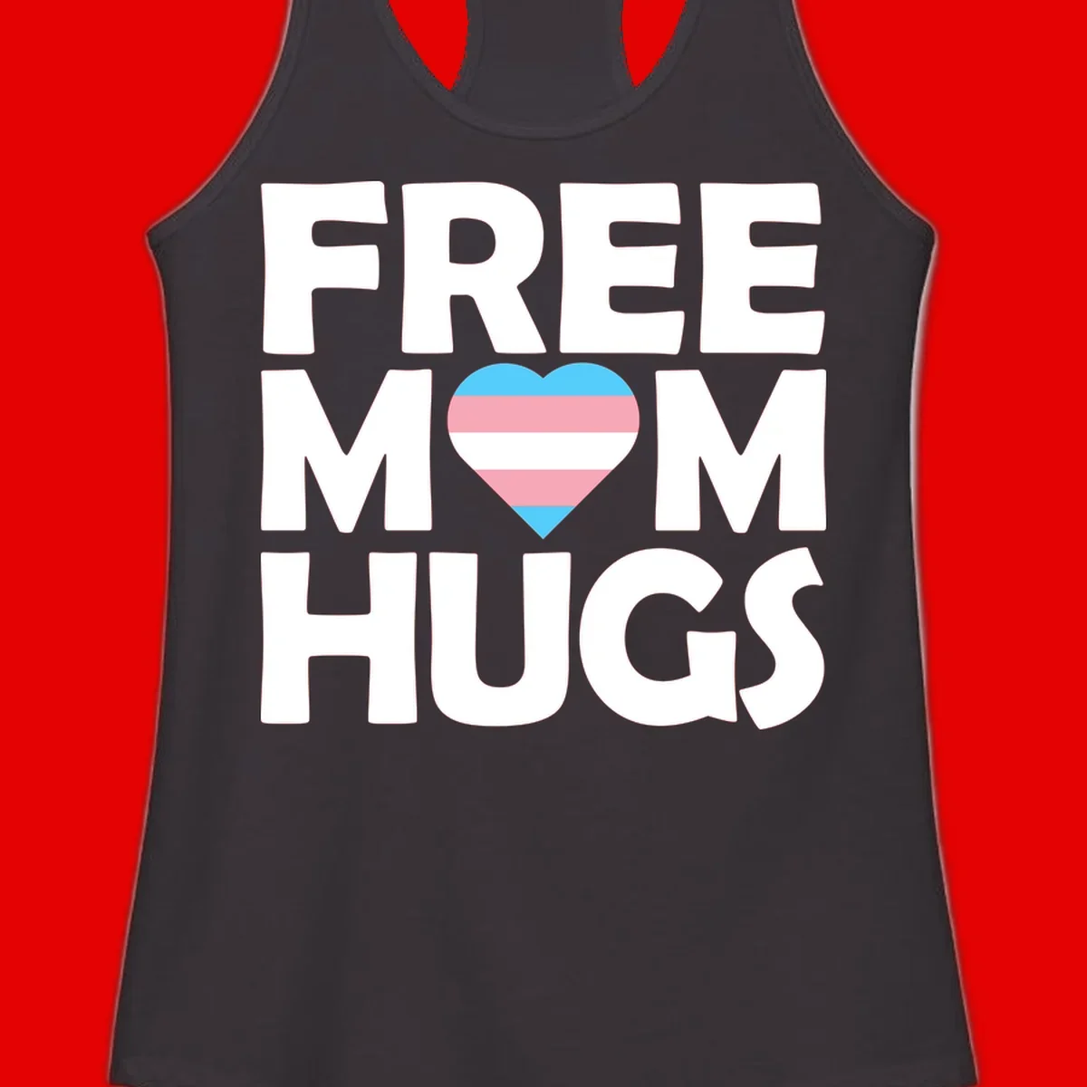 Free mom hugs pride design with striped heart in trans flag colors (blue, pink, white) and bold block lettering