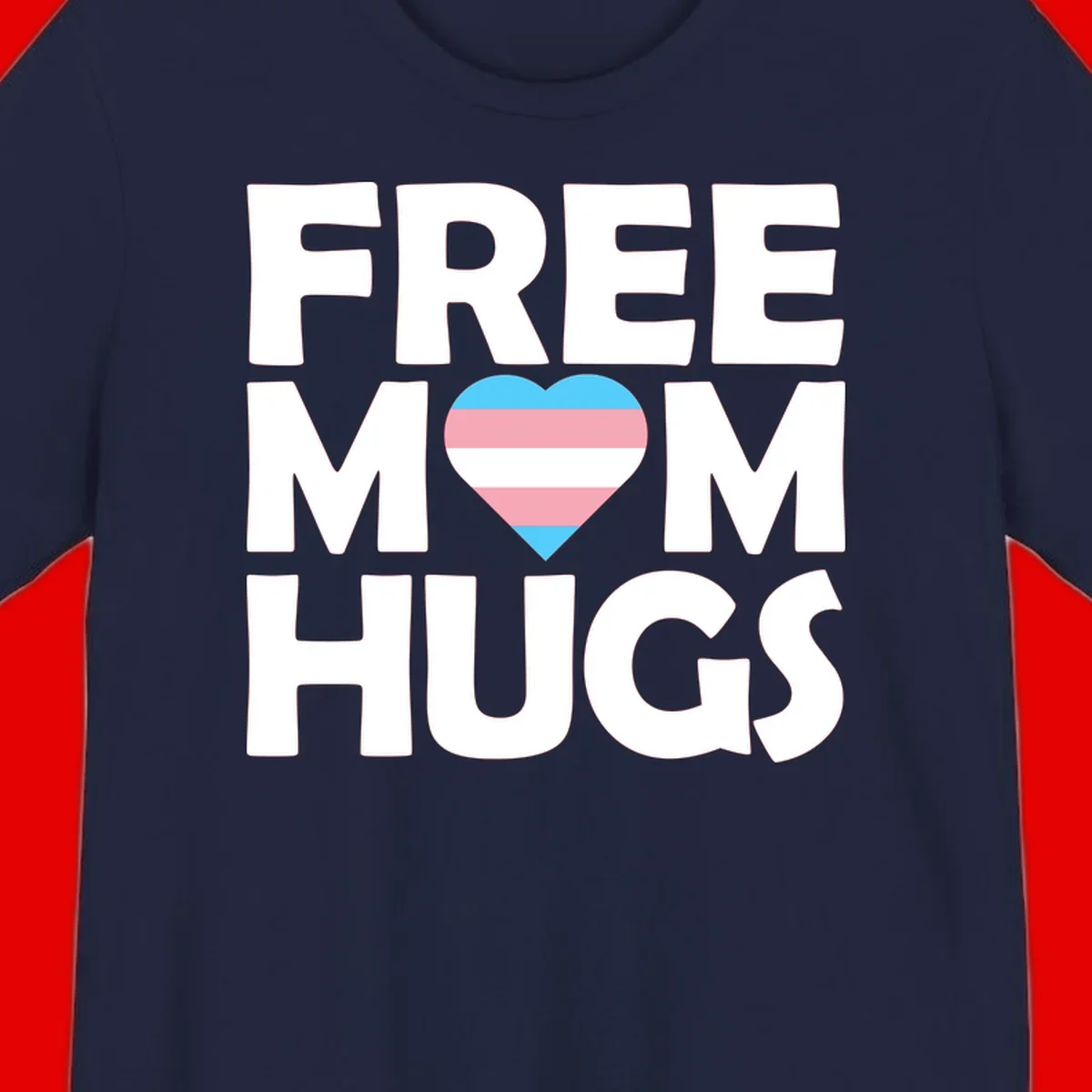 Free mom hugs pride design with striped heart in trans flag colors (blue, pink, white) and bold block lettering