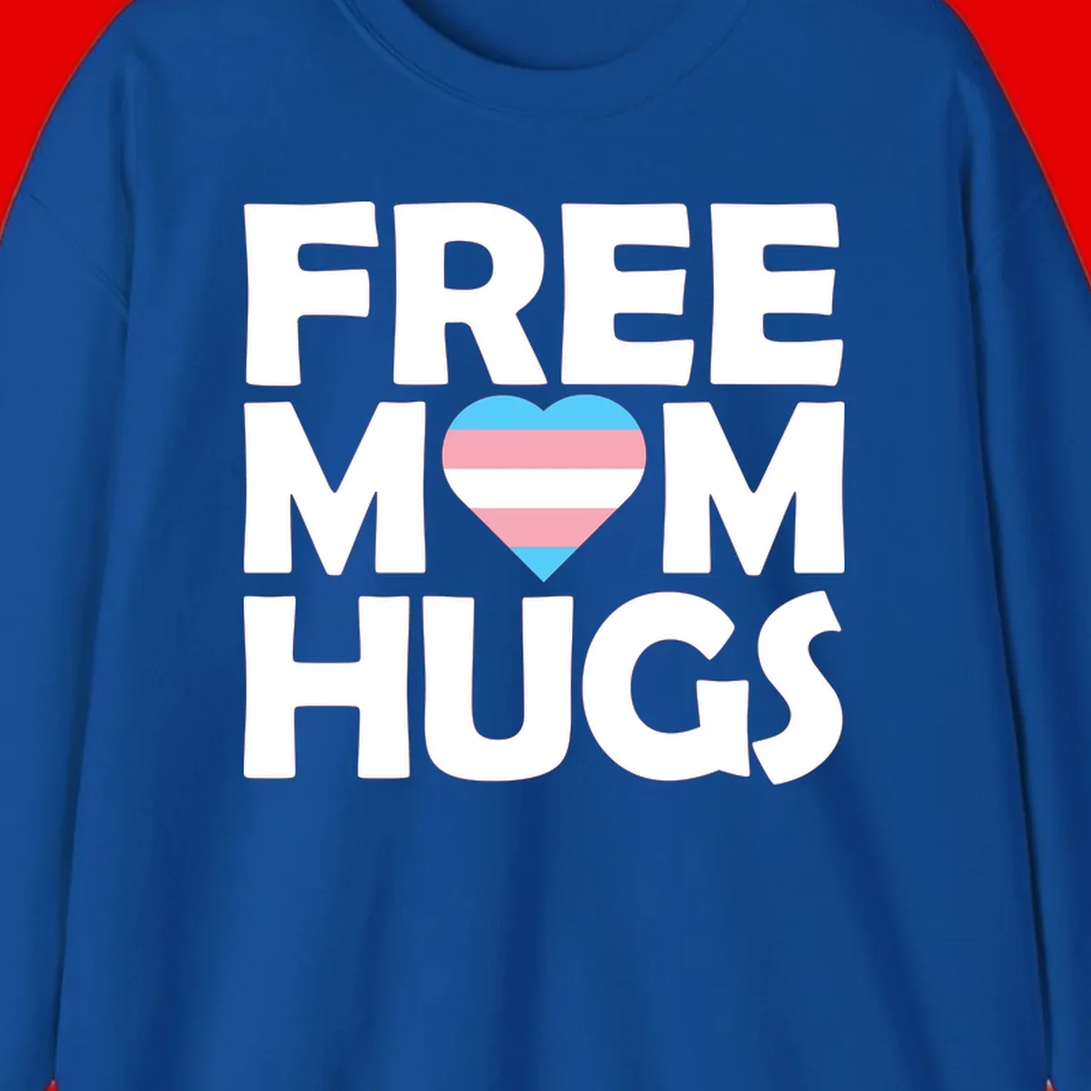 Free mom hugs pride design with striped heart in trans flag colors (blue, pink, white) and bold block lettering