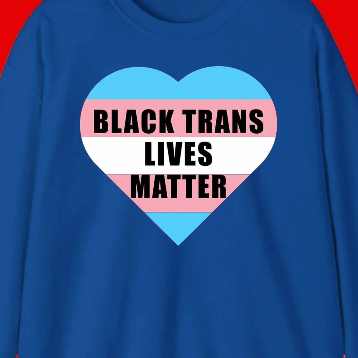 Heart-shaped design with trans flag stripes (blue, pink, white) and bold text reading 'BLACK TRANS LIVES MATTER'