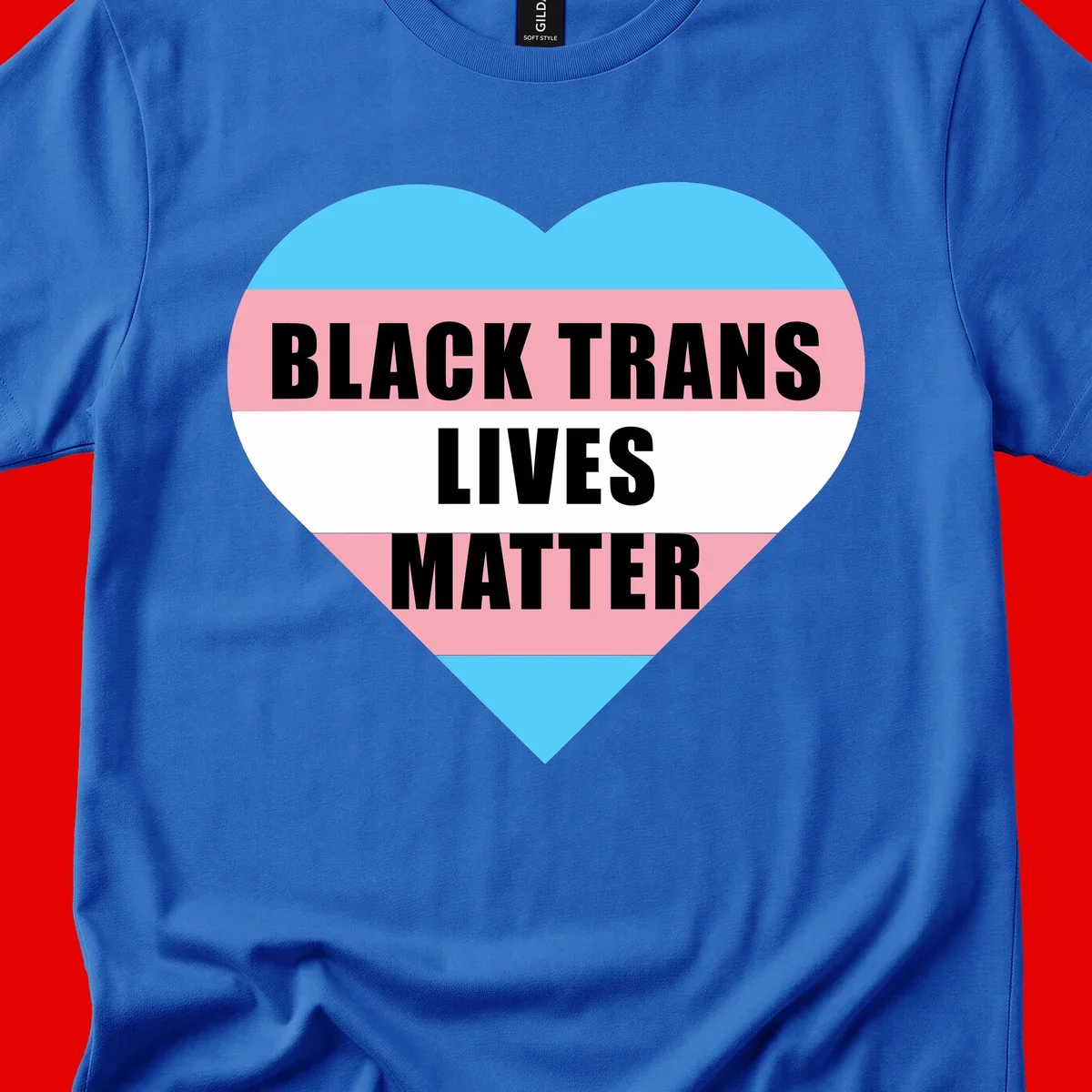 Heart-shaped design with trans flag stripes (blue, pink, white) and bold text reading 'BLACK TRANS LIVES MATTER'