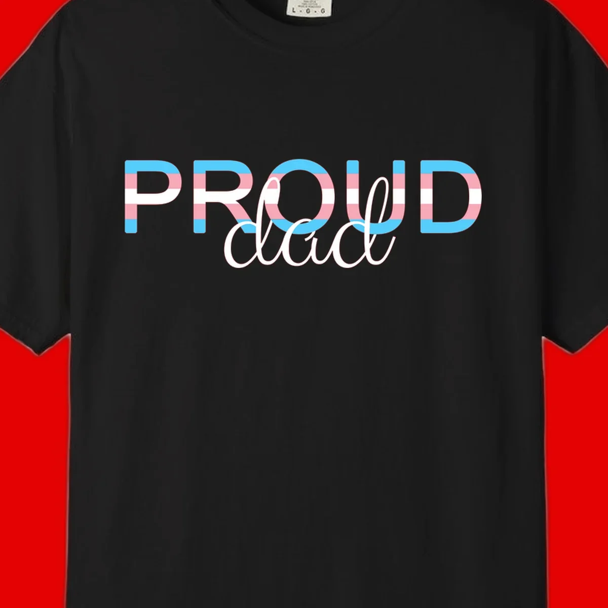 Proud and loud trans pride design with striped letters in cyan, pink, and white colors