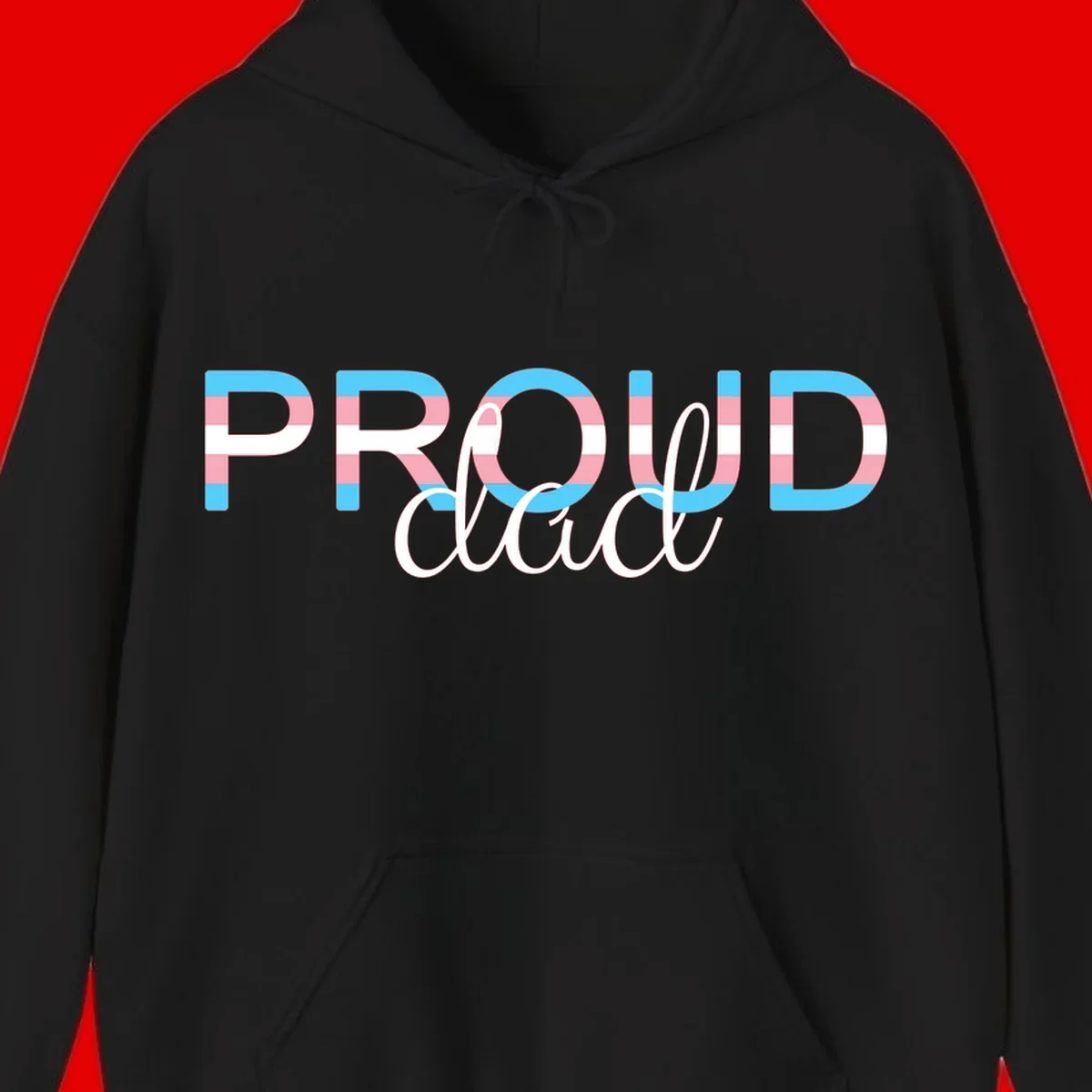 Proud and loud trans pride design with striped letters in cyan, pink, and white colors
