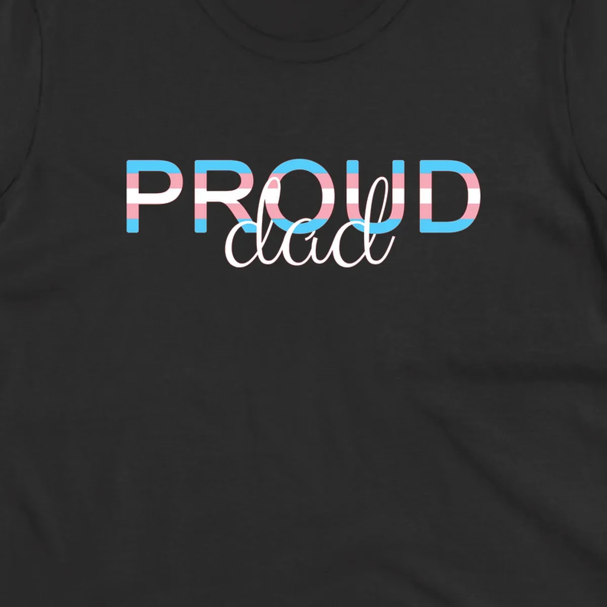 Proud and loud trans pride design with striped letters in cyan, pink, and white colors