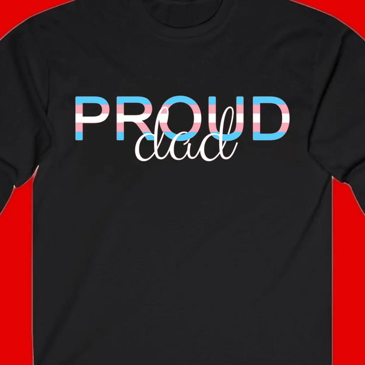 Proud and loud trans pride design with striped letters in cyan, pink, and white colors