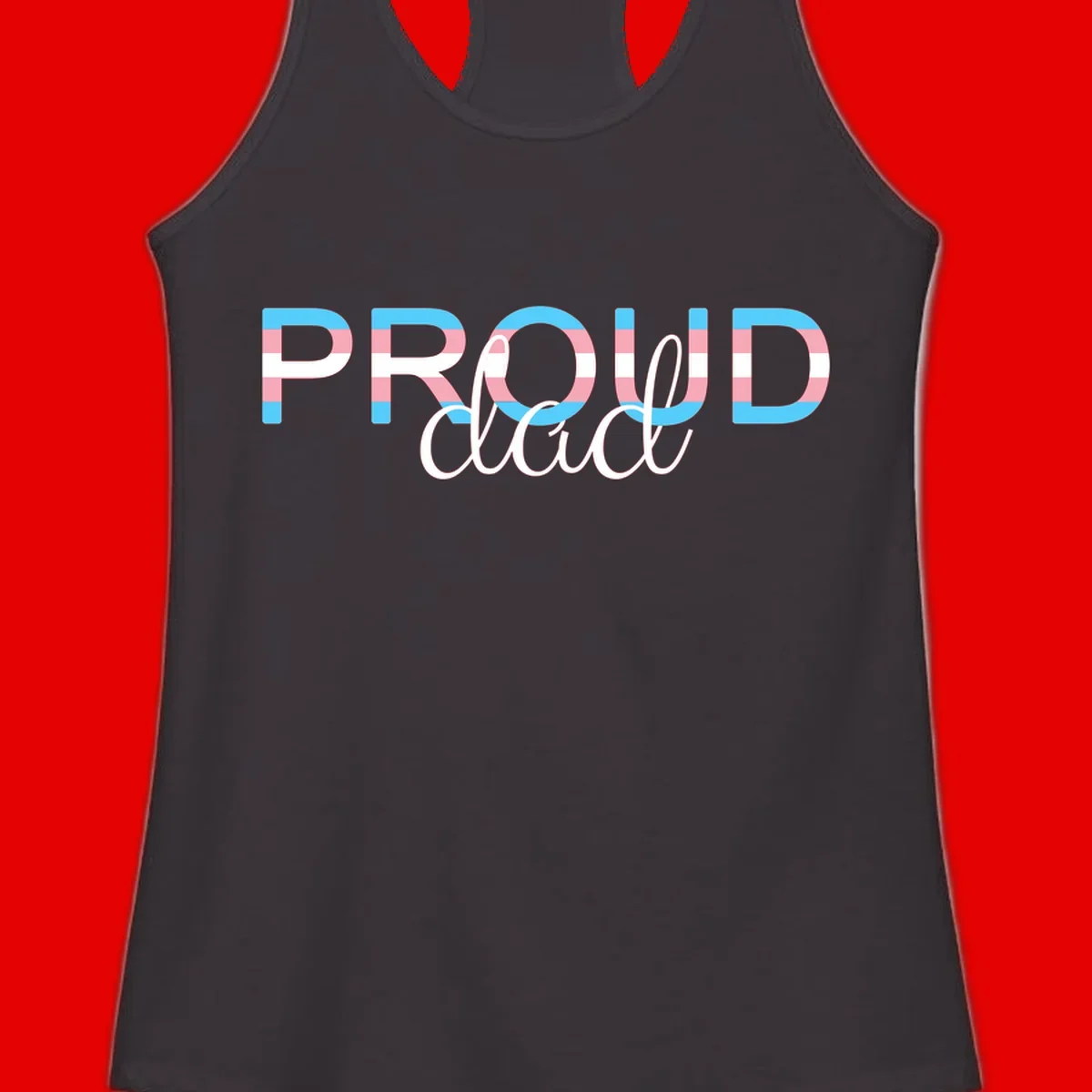 Proud and loud trans pride design with striped letters in cyan, pink, and white colors
