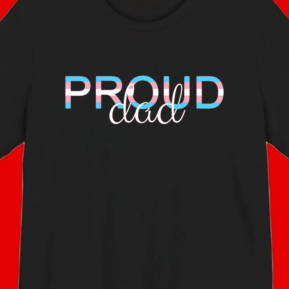 Proud and loud trans pride design with striped letters in cyan, pink, and white colors