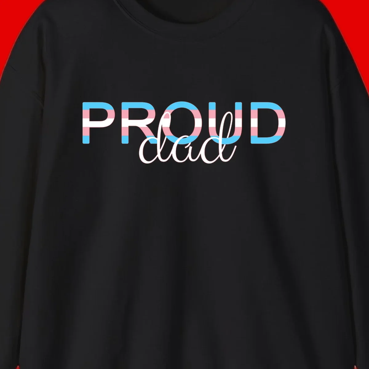 Proud and loud trans pride design with striped letters in cyan, pink, and white colors