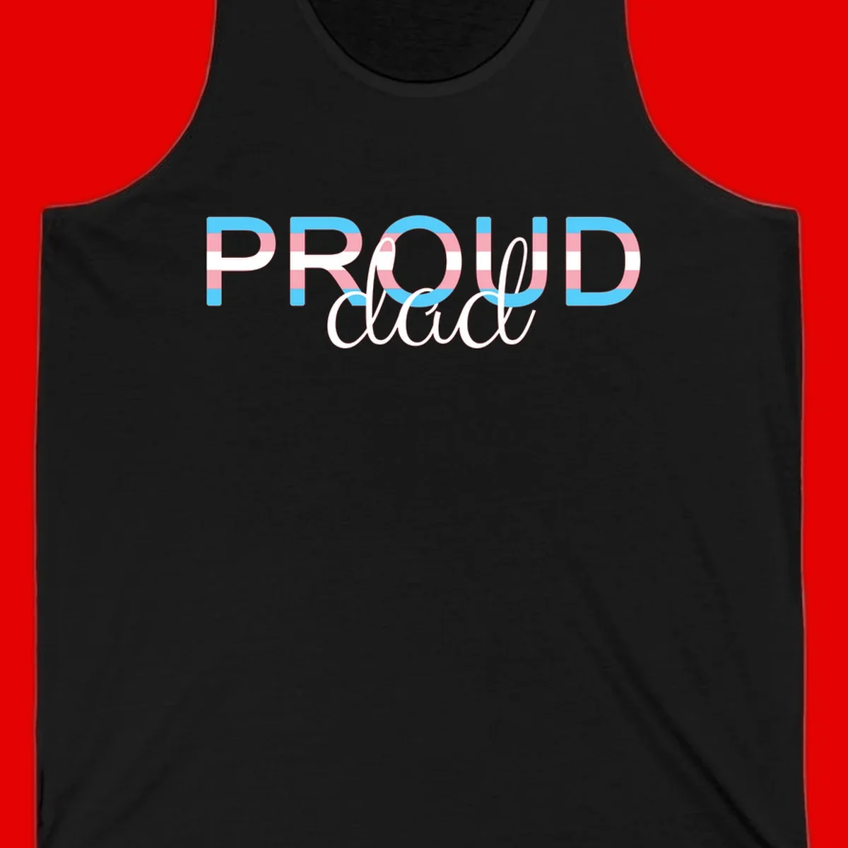 Proud and loud trans pride design with striped letters in cyan, pink, and white colors