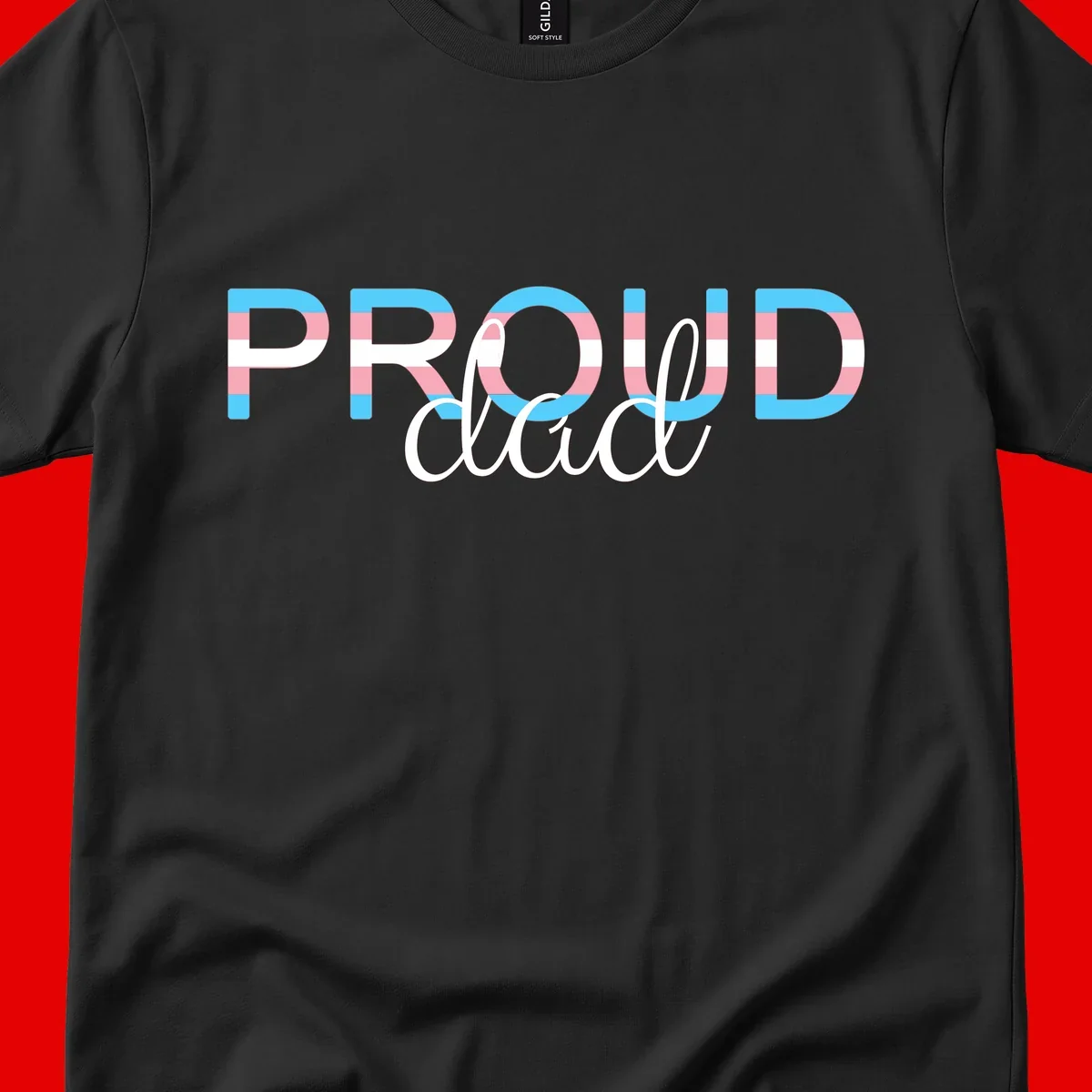 Proud and loud trans pride design with striped letters in cyan, pink, and white colors