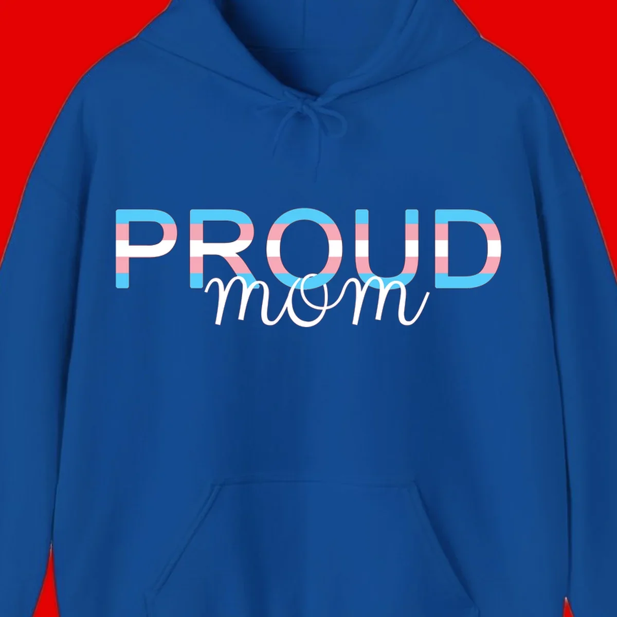Proud mom pride design with bold striped rainbow letters in cyan, pink, and white on gray background