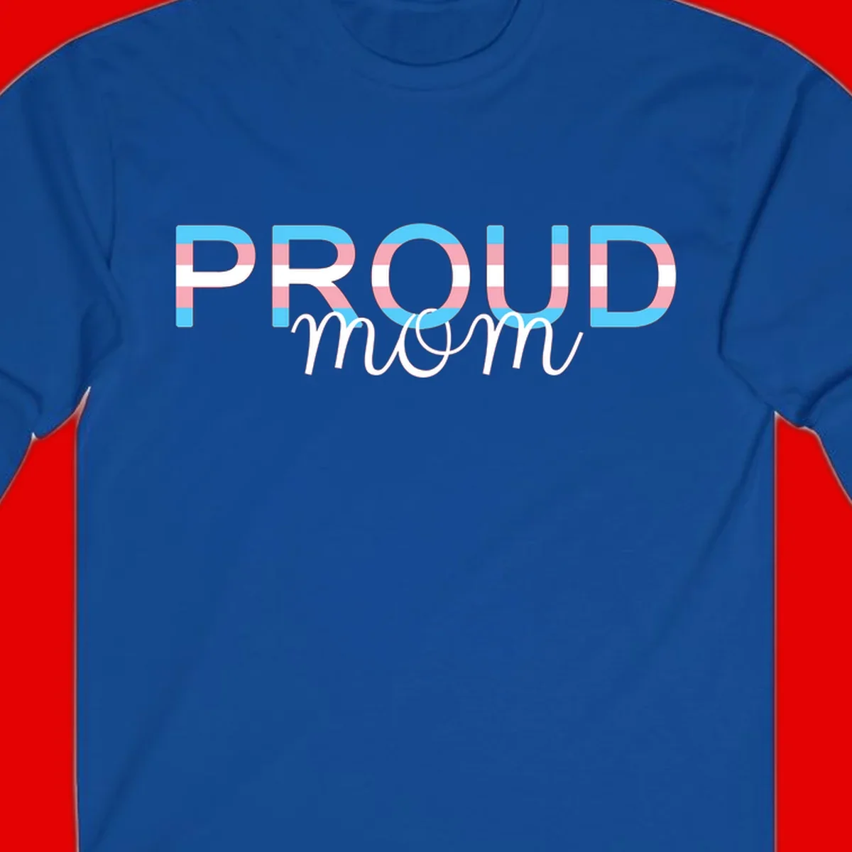 Proud mom pride design with bold striped rainbow letters in cyan, pink, and white on gray background