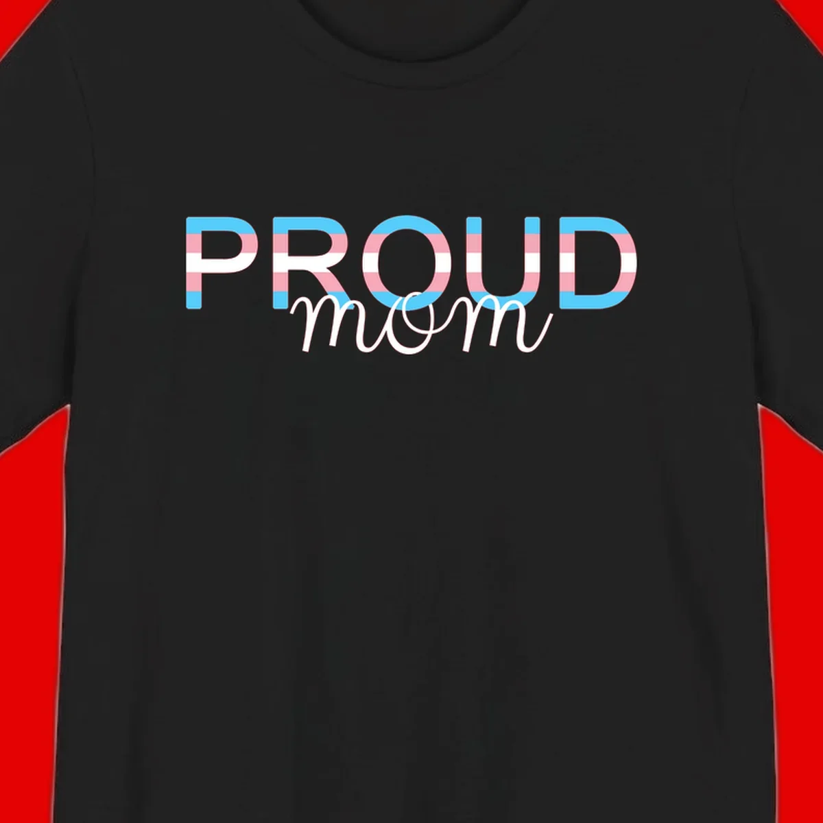 Proud mom pride design with bold striped rainbow letters in cyan, pink, and white on gray background