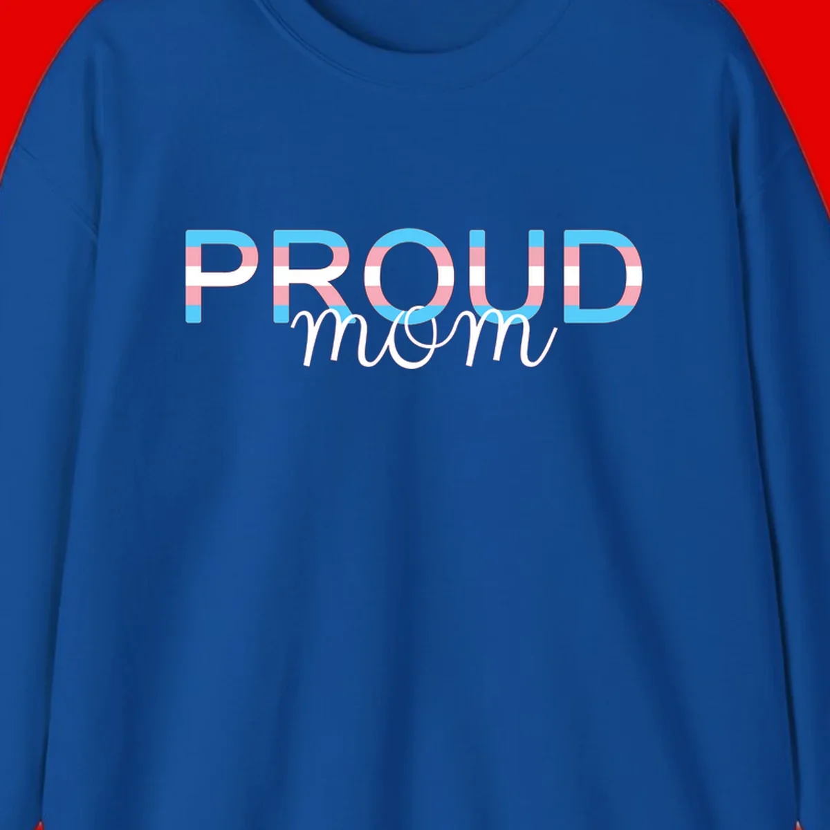 Proud mom pride design with bold striped rainbow letters in cyan, pink, and white on gray background