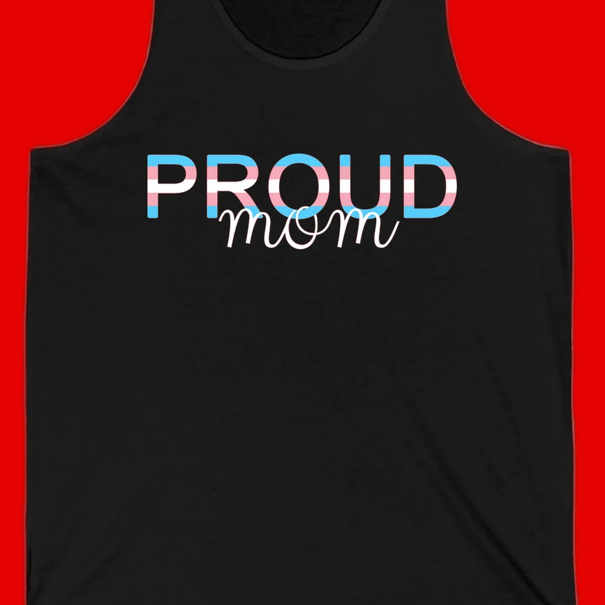 Proud mom pride design with bold striped rainbow letters in cyan, pink, and white on gray background