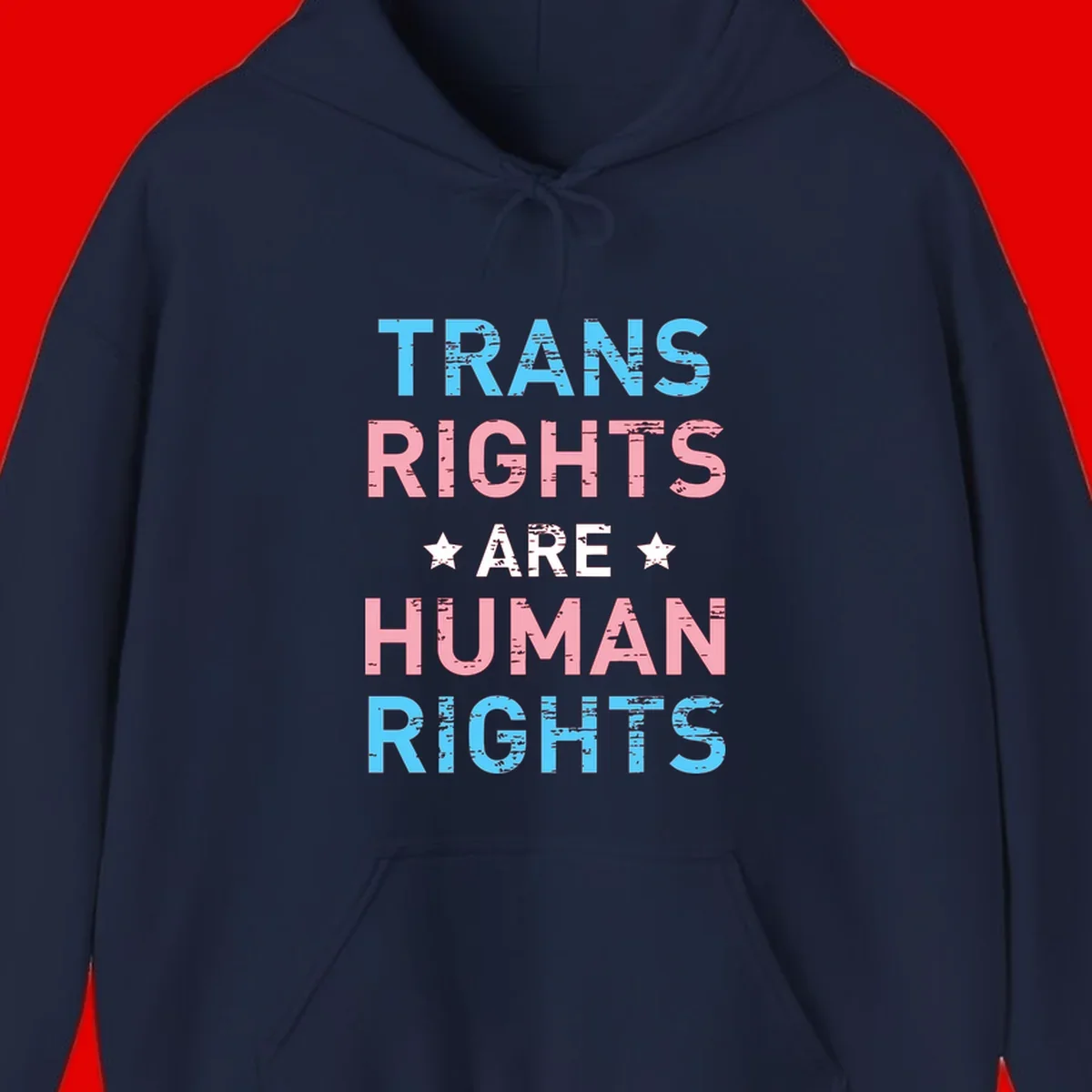 Distressed typography design reading 'TRANS RIGHTS ARE HUMAN RIGHTS' in cyan, pink, and white text with decorative stars on gray background