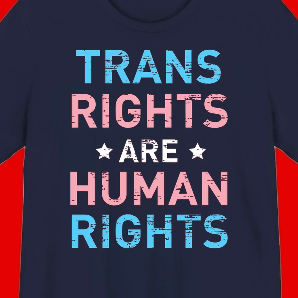 Distressed typography design reading 'TRANS RIGHTS ARE HUMAN RIGHTS' in cyan, pink, and white text with decorative stars on gray background