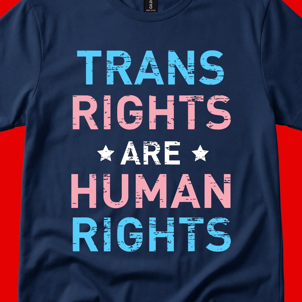 Distressed typography design reading 'TRANS RIGHTS ARE HUMAN RIGHTS' in cyan, pink, and white text with decorative stars on gray background