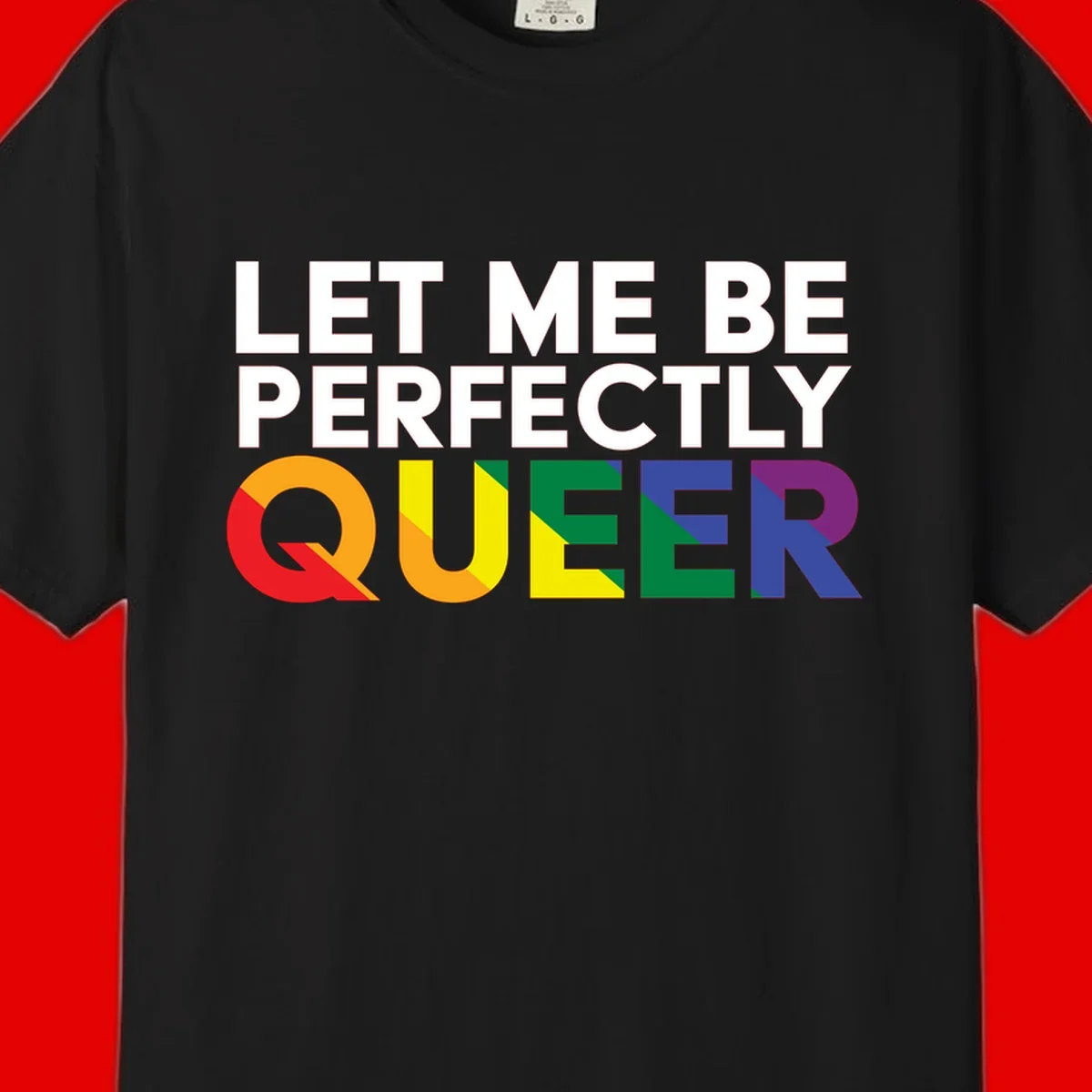 White text reading 'LET ME BE PERFECTLY QUEER' with the word QUEER in rainbow pride colors on gray background