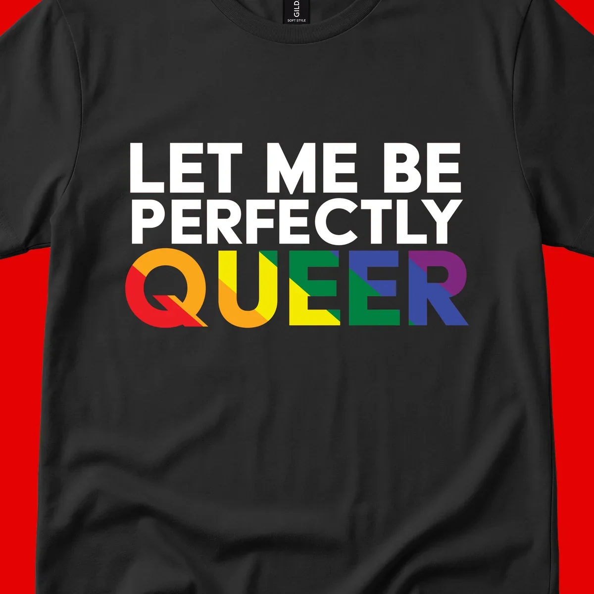 White text reading 'LET ME BE PERFECTLY QUEER' with the word QUEER in rainbow pride colors on gray background