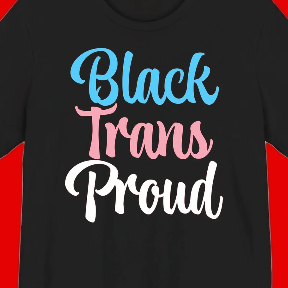 Block Trans Proud design with stacked text in cyan, pink, and white typography on gray background