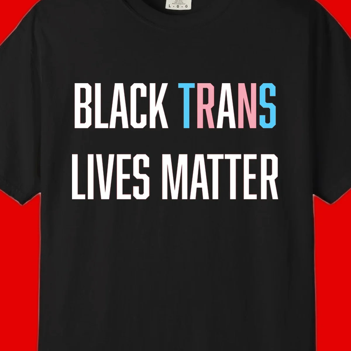 Bold typography design reading 'BLACK TRANS LIVES MATTER' with 'TRANS' in pink and cyan pride colors on gray background