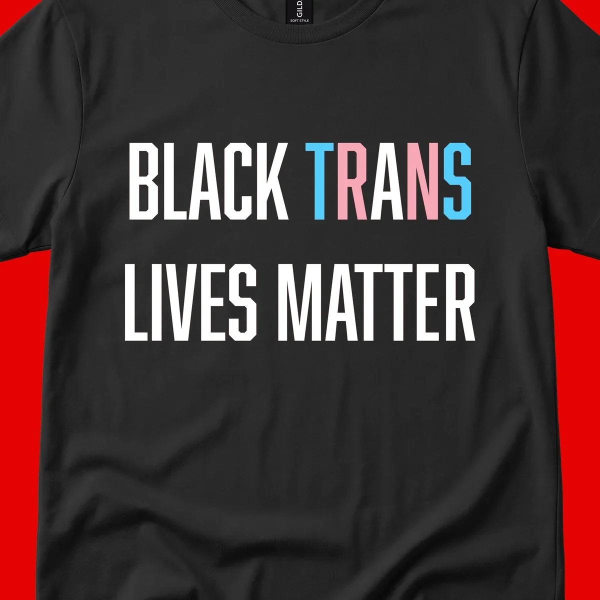 Bold typography design reading 'BLACK TRANS LIVES MATTER' with 'TRANS' in pink and cyan pride colors on gray background