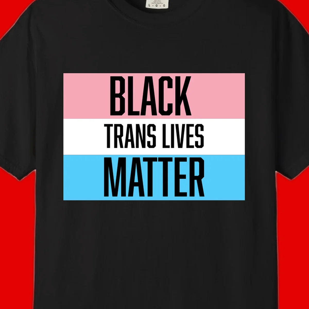 Black Trans Lives Matter design with bold text on trans pride flag colored horizontal stripes: pink, white, and blue