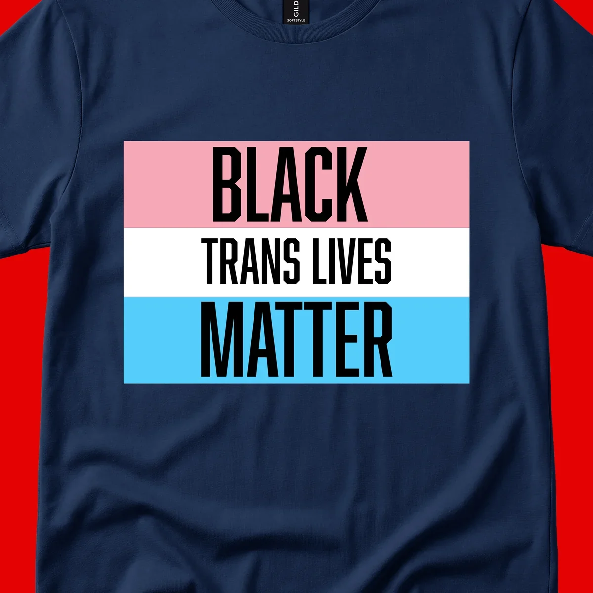 Black Trans Lives Matter design with bold text on trans pride flag colored horizontal stripes: pink, white, and blue