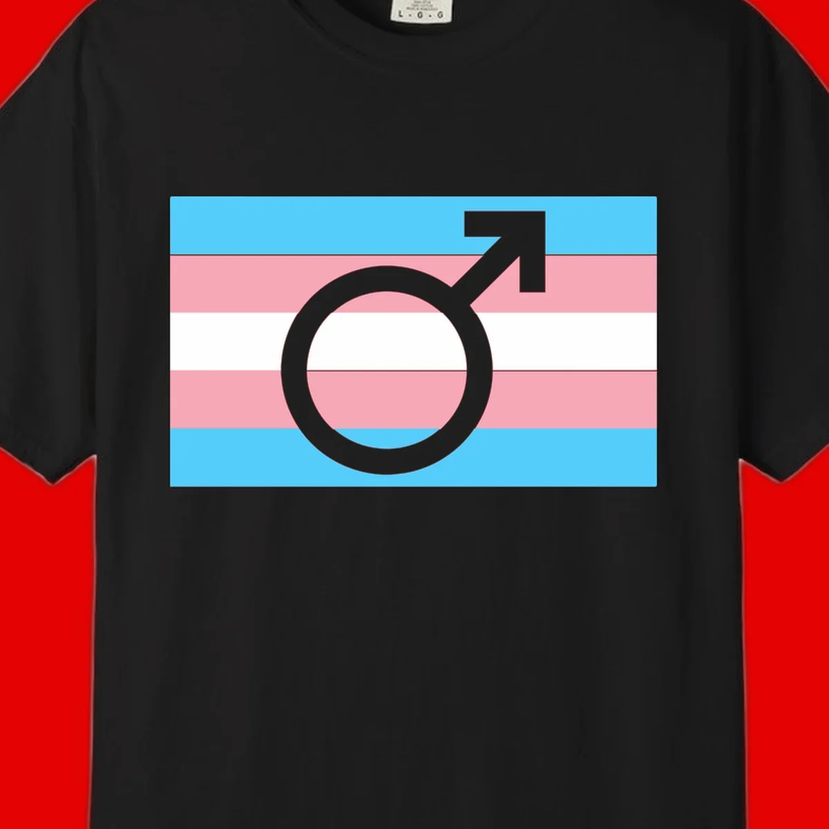 Gray transgender symbol with male arrow and circle overlaid on light blue, pink, and white horizontal stripes representing the trans pride flag