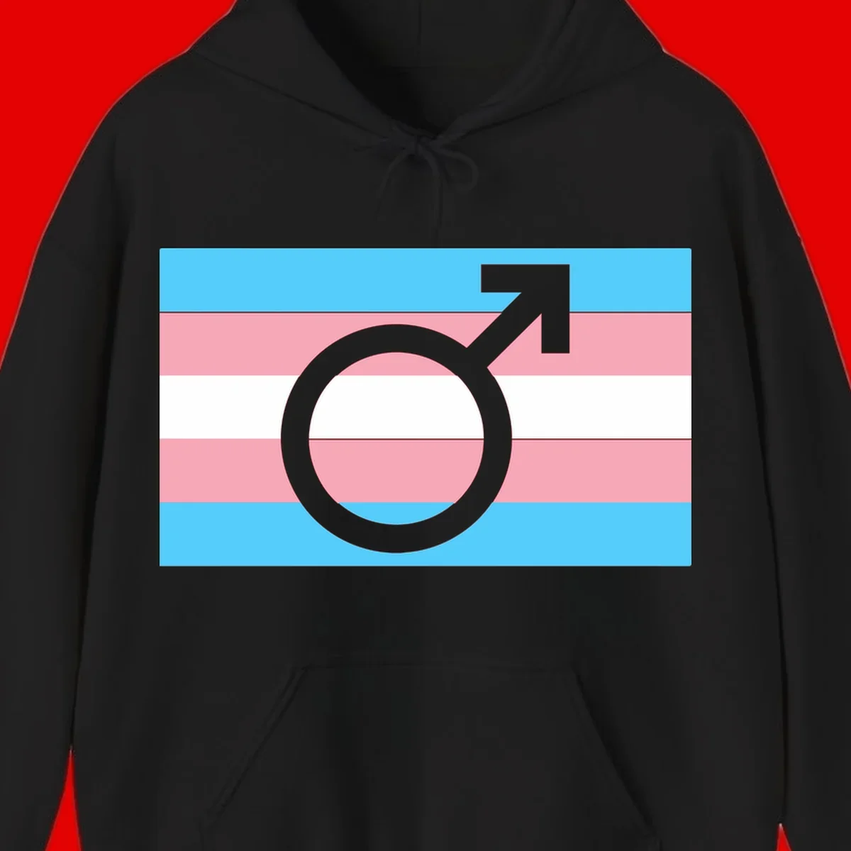 Gray transgender symbol with male arrow and circle overlaid on light blue, pink, and white horizontal stripes representing the trans pride flag