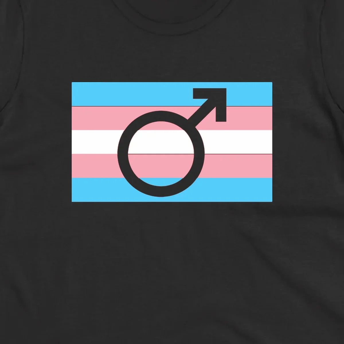 Gray transgender symbol with male arrow and circle overlaid on light blue, pink, and white horizontal stripes representing the trans pride flag