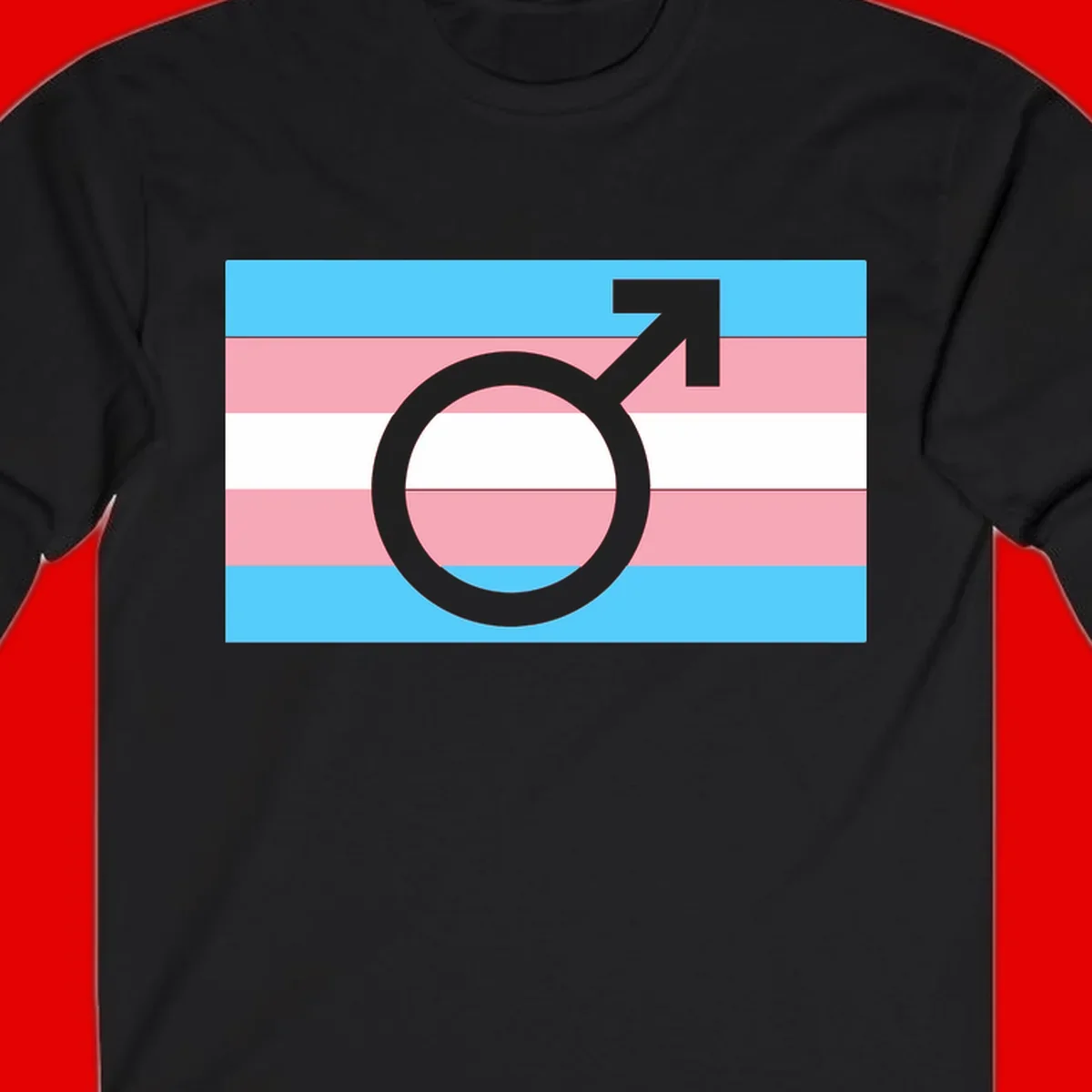 Gray transgender symbol with male arrow and circle overlaid on light blue, pink, and white horizontal stripes representing the trans pride flag